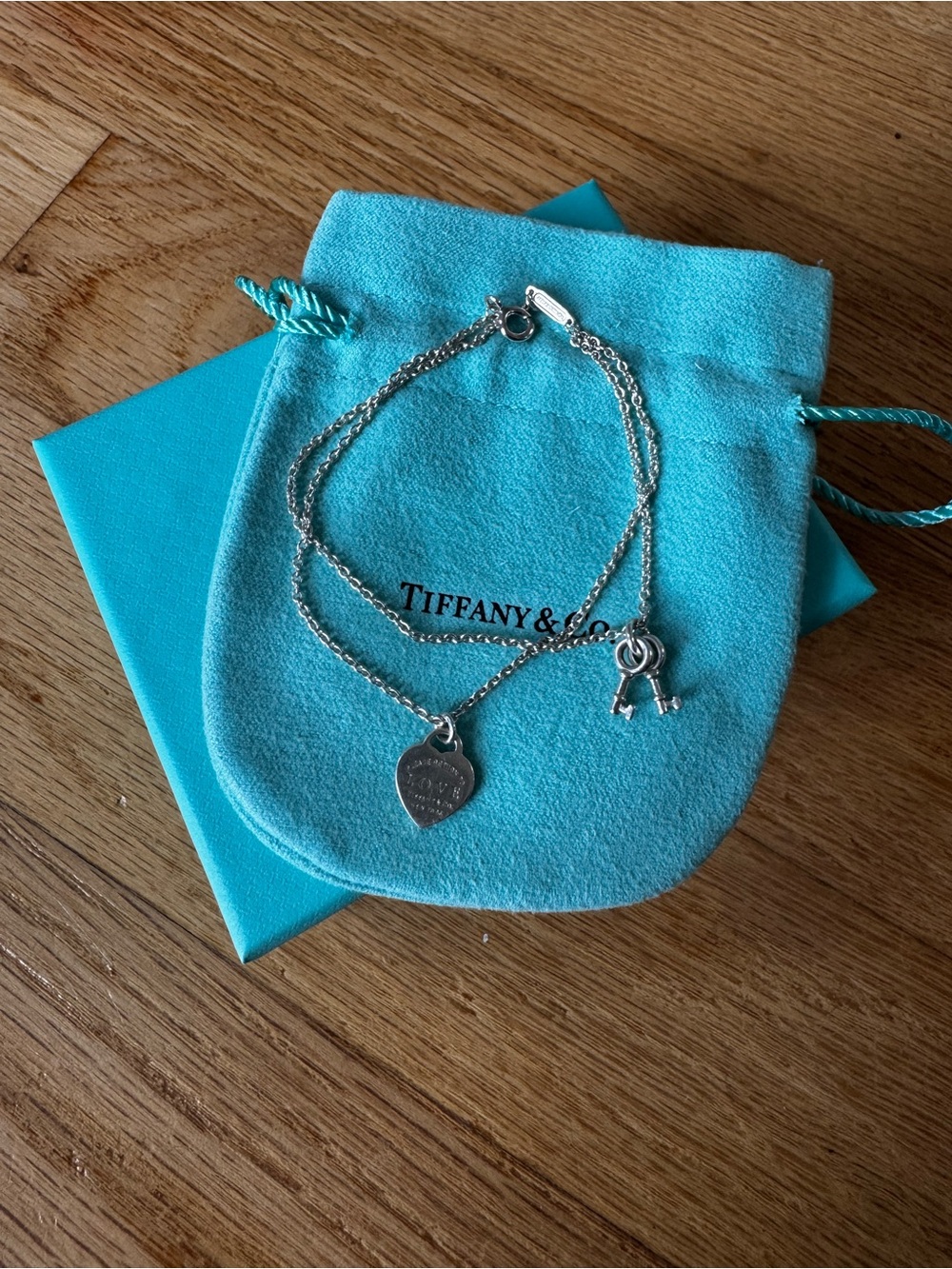 Tiffany & Co. Silver Heart Key Charm Double Chain Bracelet